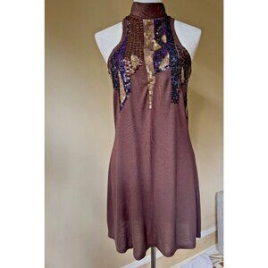 Vintage Y2K Women's Chocolate Brown‎ Sequin Halter Mini Dress Sz S Glam Cocktail